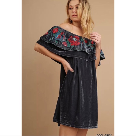 Umgee Dresses & Skirts - Umgee Off Shoulder Dress Velour Gray Embroidered